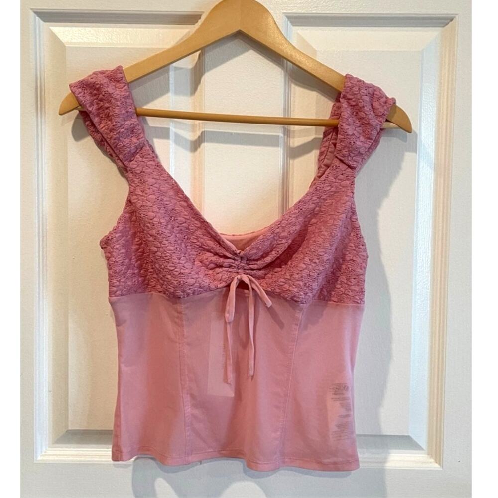 Kimchi Blue Pink Lace Mesh Coquette Cropped Top Babydoll Size Large NWT